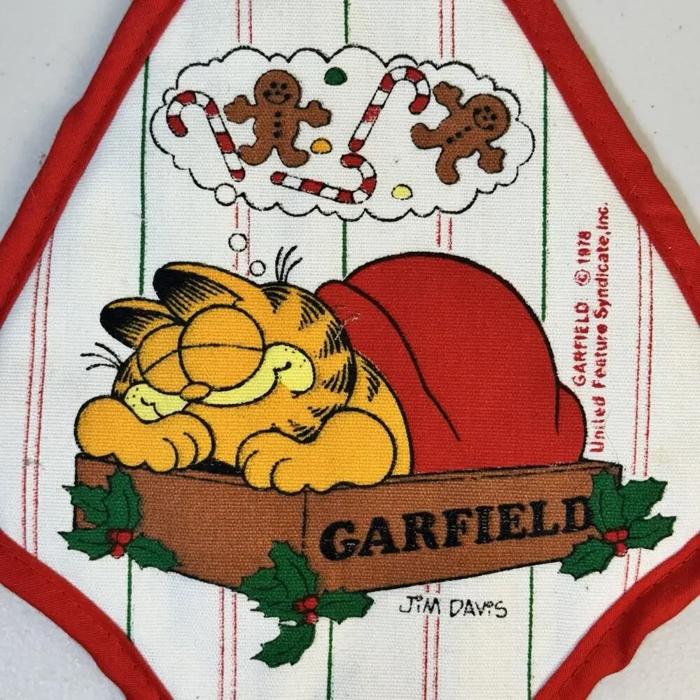 VTG 1978 Garfield Red Christmas Fabric Pot Holder Jim Davis Wooden Ring Holder